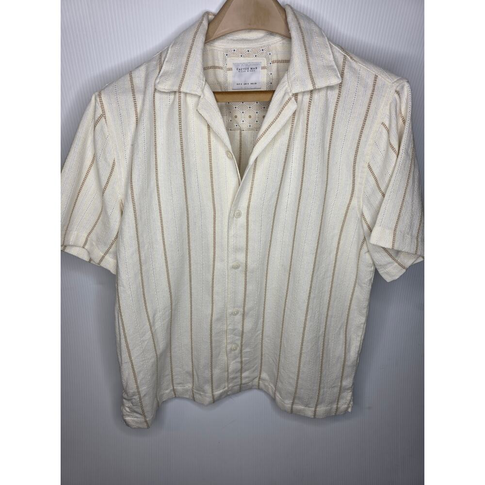 Cactus Man Ricky Singh Size S Cream Tan Striped Short Sleeve Button Up Shirt